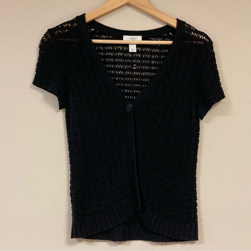LOFT Black Cardigan Women's Small Knit Shirt Sleeve Open Front Bolero Summer